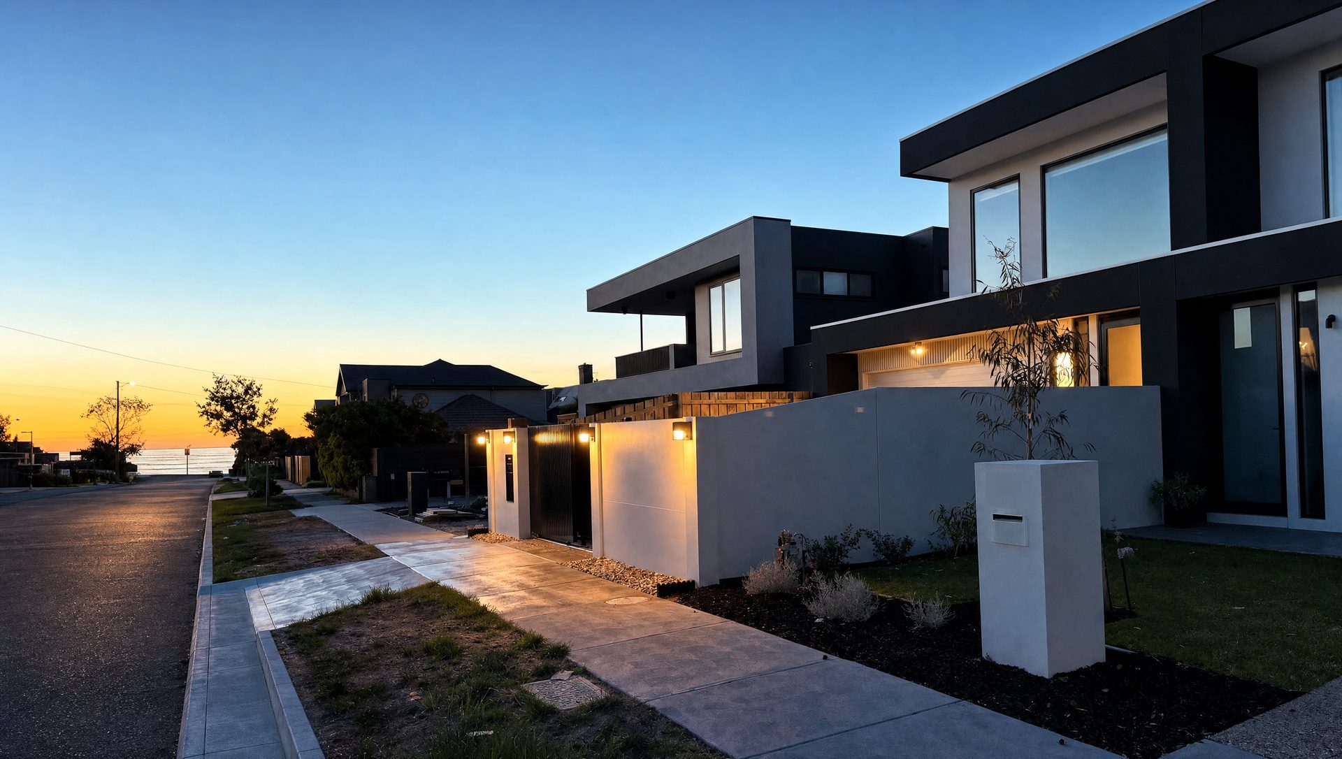 Rendered boundary wall with wall-mounted lights and a dark automated gate along a suburban footpath at dusk, with a modern two-storey home behind and the bay on the horizon.